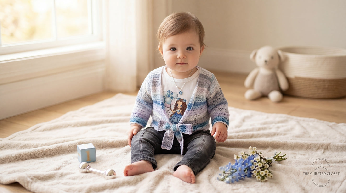 Cute Toddler Girl 3-Piece Clothing Set - Printed T-Shirt with Crochet Cardigan & Denim Pant