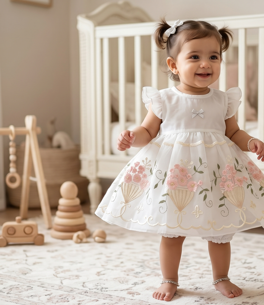 Elegant White Floral Baby Frock Set with Bloomers & Ribbon Booties"