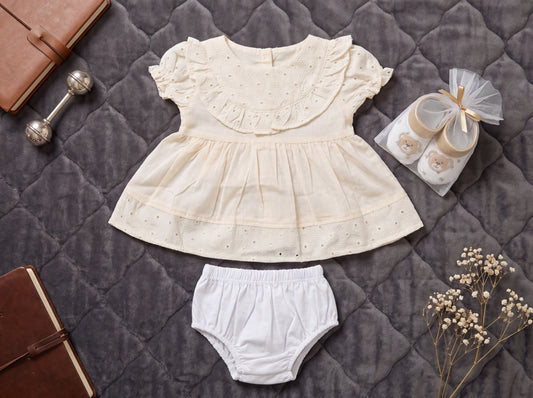 Delicate Rose Eyelet Ruffle Frock & Bloomer Set with Booties