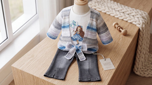 Cute Toddler Girl 3-Piece Clothing Set - Printed T-Shirt with Crochet Cardigan & Denim Pant