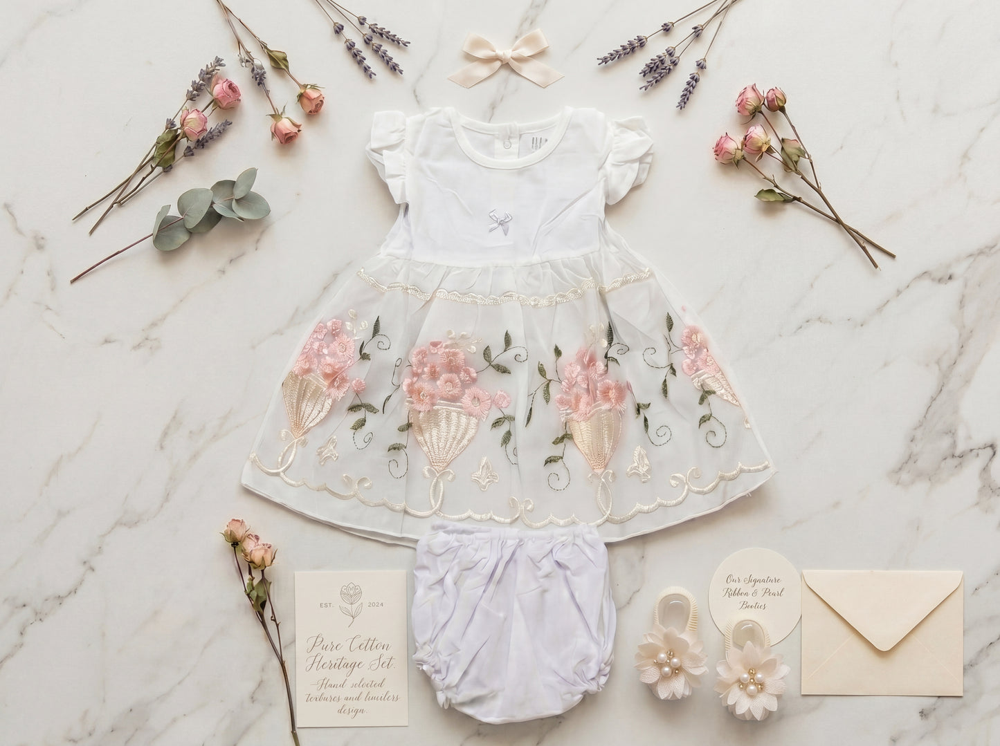 Elegant White Floral Baby Frock Set with Bloomers & Ribbon Booties"