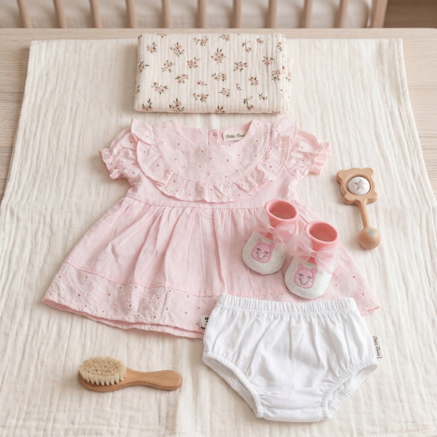 Delicate Rose Eyelet Ruffle Frock & Bloomer Set with Booties