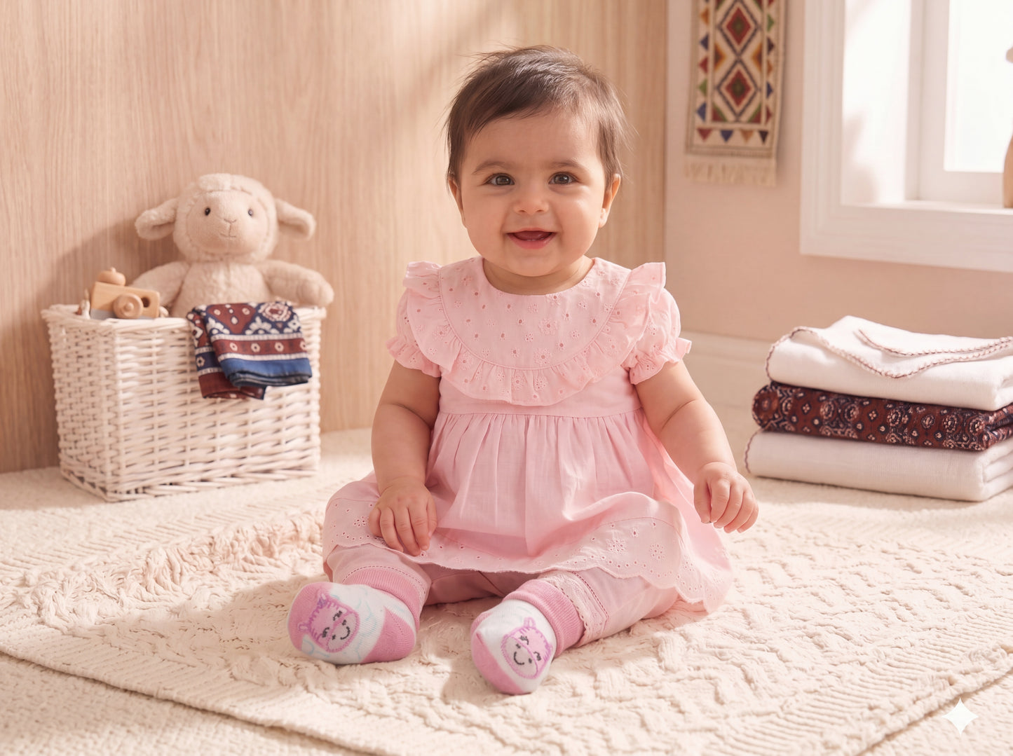 Delicate Rose Eyelet Ruffle Frock & Bloomer Set with Booties
