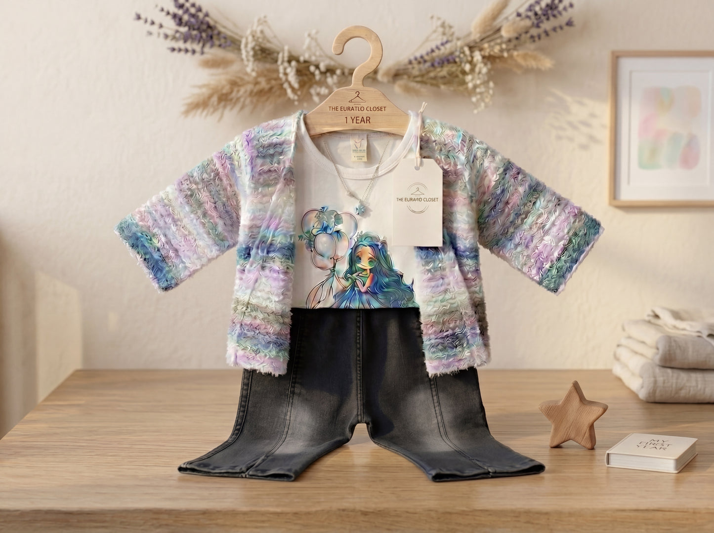Cute Toddler Girl 3-Piece Clothing Set - Printed T-Shirt with Crochet Cardigan & Denim Pant