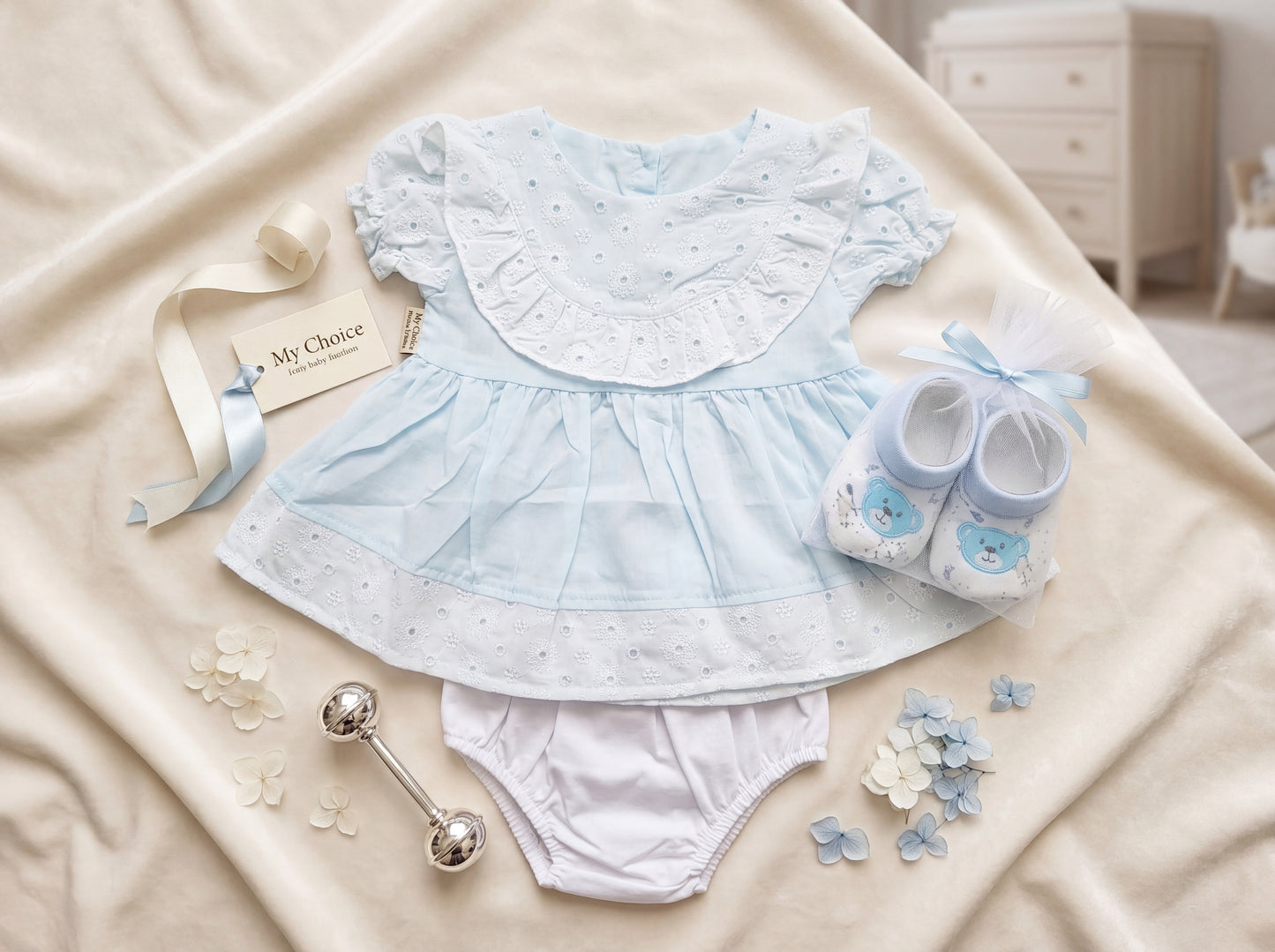 Delicate Rose Eyelet Ruffle Frock & Bloomer Set with Booties