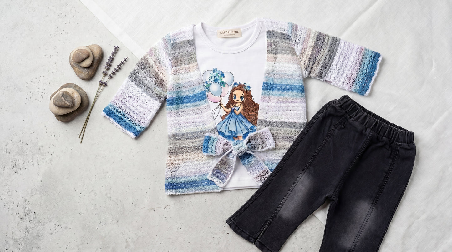 Cute Toddler Girl 3-Piece Clothing Set - Printed T-Shirt with Crochet Cardigan & Denim Pant