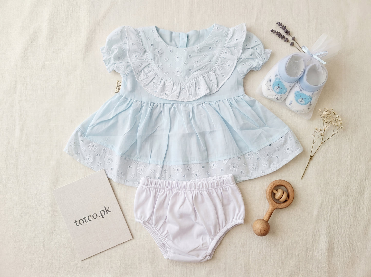 Delicate Rose Eyelet Ruffle Frock & Bloomer Set with Booties